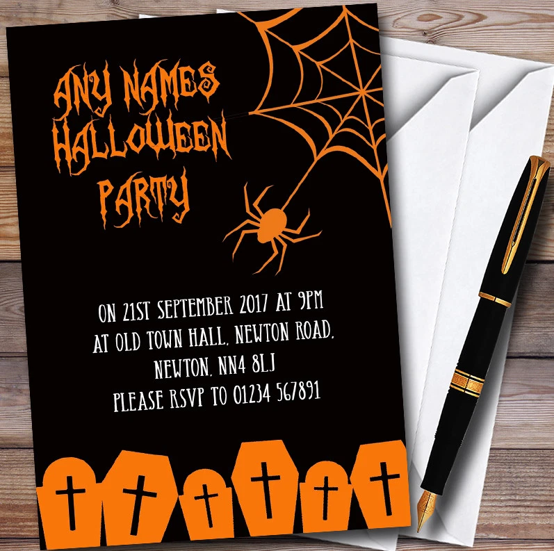 Black & Orange Spider web Personalised Halloween Party Invitations - Image 1 of 1