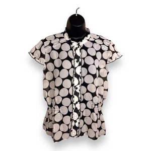 LARGE Y2K ERA BLACK WHITE POLKA DOT RETRO BLOUSE PINUP RUFFLE SHORT SLEEVE - Picture 1 of 12