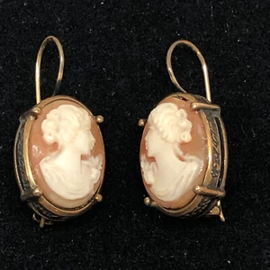 Extasia Earrings Italian Hand Carved Shell Cameos In Brass Lady Faces Facing - Picture 1 of 10