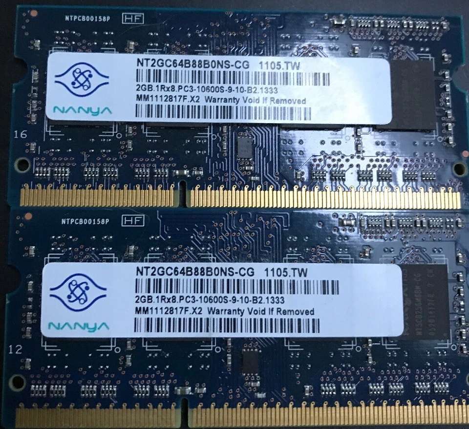 2 X 2GB (4GB) Laptop 204-Pin SODIMM DDR3-1333 PC3-10600S Nanya NT2GC64B88B0NS-CG - Image 1 of 1