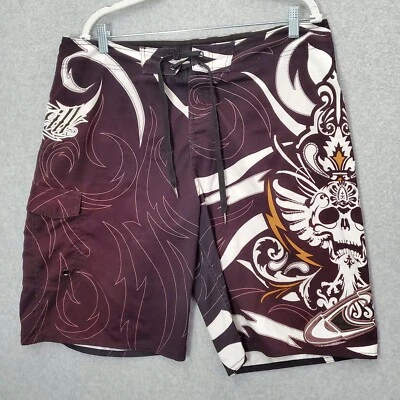 O'Neill Híbrido Hombres Traje de Baño 38 Rojo Y2K Grunge Board Shorts Carga Calavera Surf LEER Foto 1 de 4