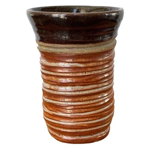 Signed Art Pottery Handmade 5.5 inch tall Vase Scored Burnt Red & Clay - Picture 1 of 10