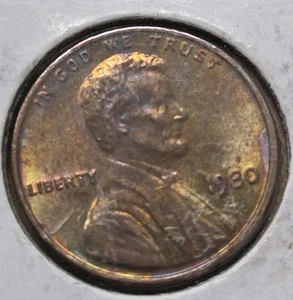 1980-P Lincoln Memorial Cent Penny with BLUE AND GOLD  Toning  - Picture 1 of 2