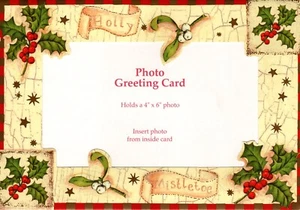 Christmas Holly Berry Berries Mistletoe Photo Holder Greeting Cards - Set of 2 - Picture 1 of 3