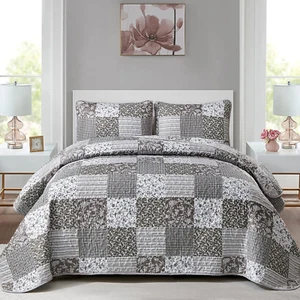 Grey Boho Quilt Set King Size,3 Pieces Plaid Floral Bedspread Coverlet Set for A - Picture 1 of 7