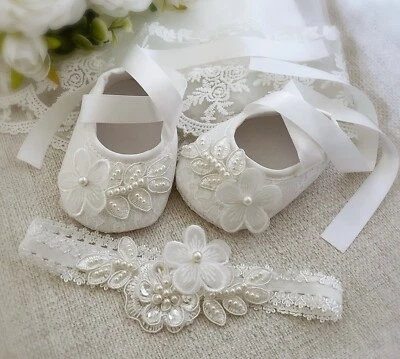 Zapatos de bautizo para niñas en blanco roto, zapatos de bautizo margarita perla y diadema Foto 1 de 4
