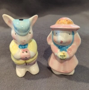Vintage Set Bunny Figurine Couple Lot Holding Easter Eggs Smiling Face IMPERFECT - Picture 1 of 12