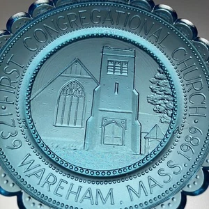 Wareham MA Prima Chiesa Congregazionale Massachusetts Piatto Tazza Vetro Coppia - Foto 1 di 8