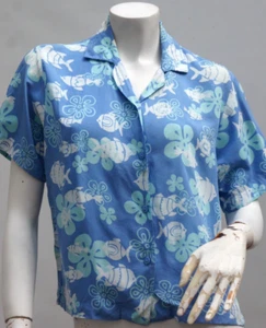 Damen blau Batik Fisch Print Cropped Viskose Hawaii Hemd Bluse von Blue Ginger - Bild 1 von 6