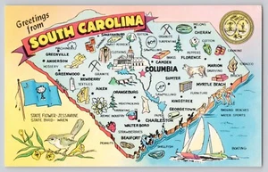 Postcard Greetings South Carolina State Map Flag Bird Flower Unposted JF1.29 - Picture 1 of 2