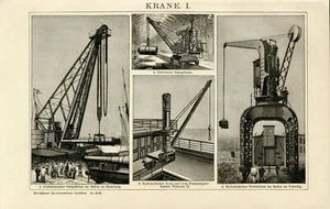 Historische Krananlagen Kran Dampfkran Portalkran Hafenkran Holzstich ca. 1892 - Bild 1 von 11