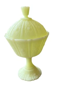 Vintage Fenton Satin Yellow Daisy & Button Paneled Compote/Candy Dish With Lid - Picture 1 of 4