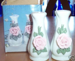 Porcelain Pink Rose Salt + Pepper Shakers - Picture 1 of 1