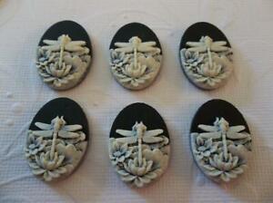Ivory Dragonfly & Lotus Flowers on Black Cameo - 25X18mm Resin Cabochons Qty 4