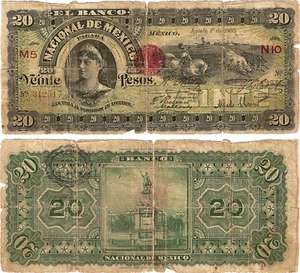 Mexico,20Pesos,Banco Nacional de Mexico,Series M5NIO, 8-1-1905,S/N 312517,S-259c - Picture 1 of 1