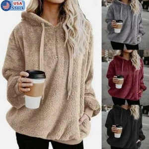Women Warm Fleece Hooded Hoody Sweatshirt Winter Top with Pocket Pullover Jumper - Picture 1 of 22