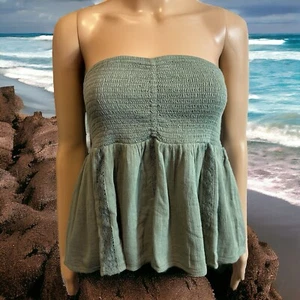 American Eagle Outfitters Olive Khaki Smocked Elastic Crop Top Women’s Size M - Picture 1 of 9