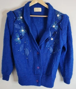 Karmy Women's Vintage 80s 90s Cardigan Jacket Knit Blue Knitwear - Picture 1 of 11