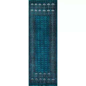 Amma Carpets Hand-Knotted Woolen Runner Turquoise 2x6 feet Parda - Picture 1 of 7