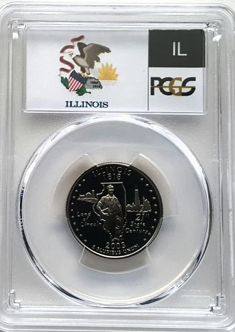 2003-S Clad Proof Illinois State Quarter(25C) PCGS PR70 DCAM-State Flag Label Cover