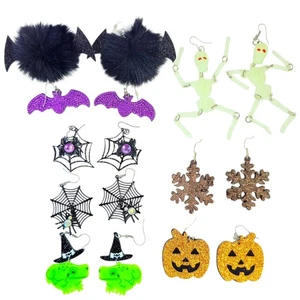 Lot of 8 Pair Halloween Dangle Earrings Skeleton Bats Spiders Webs Pumpkin Witch - Picture 1 of 9