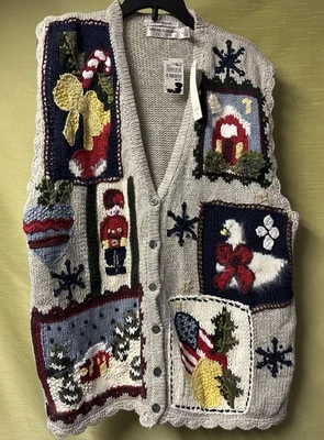 Винтажный Lauren Hansen праздник зимняя тема свитер жилет женщин Sz M ручной вязки - Изображение 1 из 4