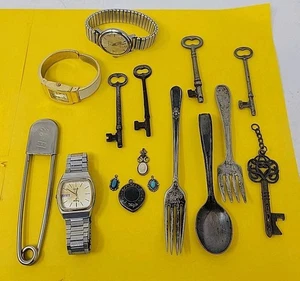 Vintage Lot Steampunk Craft Materials Skeleton Key Watch Pendant Silverware - Picture 1 of 12