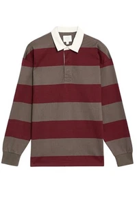 Ex M&S Mens Long Sleeve Rugby Shirt Beige Burgundy Block Striped - Picture 1 of 4
