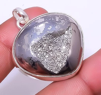 Colgante de plata de ley 925 drusa ágata negra de titanio 1,56" P7312-47 Foto 1 de 4