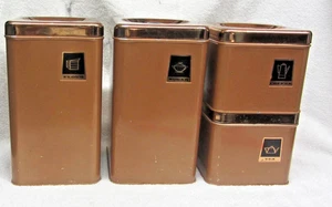 Vintage MCM Bronze Kupfer Aluminium Quadratisch Küche Kanister 4er Set mit Deckel - Bild 1 von 12