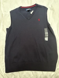 Polo Ralph Lauren Boy Blue Pony V-Neck Sweater Vest L 14 16 Pima Cotton Lightwei - Picture 1 of 4