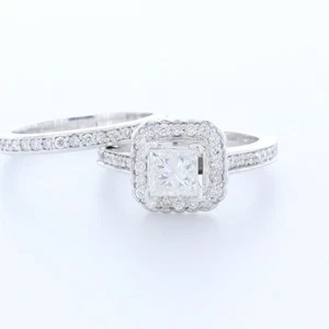 1 3/4ct D SI1 Princess Earth Mined Certified Diamonds 14k  Halo Wedding Ring Set - Picture 1 of 7