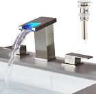 LED Light Widespread Bathroom Sink Faucet 3 Hole Waterfall Spout 3 Color Chan...