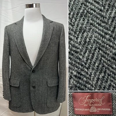 Jaqueta Blazer Imperial Haggard Vintage Masculina 42R Preta Cinza Tweed Espinha de Arenque - Imagem 1 de 4