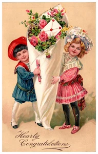 Postcard Embossed Hearty Congratulations Dutch Children Large Flower Bouquet - Picture 1 of 3