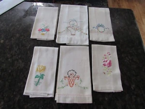 Vintage Lot of 6 Hand Embroidered Tea Dish Hand Towels Flowers Ribbons Basket - Picture 1 of 11