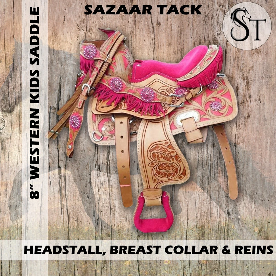 Pink 8 Western Leather Youth Kids Horse Pony Saddle Tack Set Hand Floral Painted - Image 1 of 1