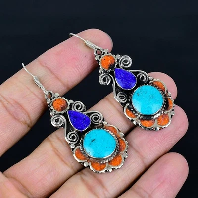 Orecchino vintage tibetano argento sterling 925 corallo turchese... - Immagine 1 di 4