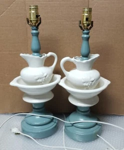 Pair Vintage Water Pitcher Wash Bowl Basin Table Lamp White Ceramic Grape Design - Picture 1 of 7