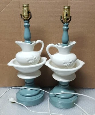 Pair Vintage Water Pitcher Wash Bowl Basin Table Lamp White Ceramic Grape Design - Image 1 of 4