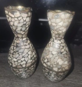 Vintage 60s 4' Mosiac Abelone Look Hand Painted Pair Candlesticks - Picture 1 of 4