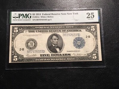 5.00 1914 FRNote NY fr.851-C PMG 25 VF better type lists 275.00 BNReporter - Image 1 of 3