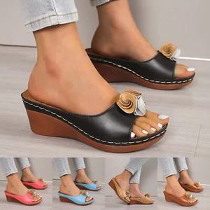 Women's Beach Slope Heel Slippers Hollow Casual Slippers Slope Bottom Shoes - Picture 1 of 39