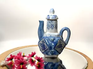Vintage Porcelain Teapot Chinese Blue White Diamond Shape 71/2 inch 1930' - Picture 1 of 14