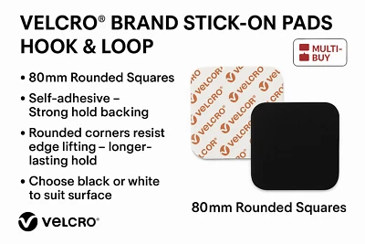 VELCRO® Stick-On Pads – 80mm Rounded Squares – Hook & Loop – Black or White - Image 1 of 4