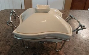 Godinger 1 Quart Covered Porcelain Baker Chafing Dish With Warmer Stand Vtg. - Picture 1 of 8
