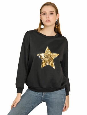Allegra K Women's Sequin Shiny Star Crew Neck Long Sleeve Sweatshirt Top - Image 1 of 4