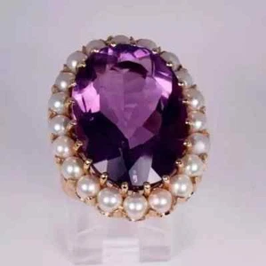 3Ct Oval Cut Amethyst & Pearl Simulated Wedding Ring 14K Yellow Gold Over Silver - Picture 1 of 9