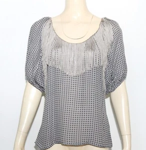 Twelfth Street by Cynthia Vincent Gray Polka Dot Silk Blouse Fringe Size L - Picture 1 of 7