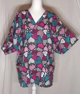 New Ladies RMF Scrub Top 3XL Colorful Hearts 2 Pockets V Neck Women's Plus Size - Picture 1 of 8